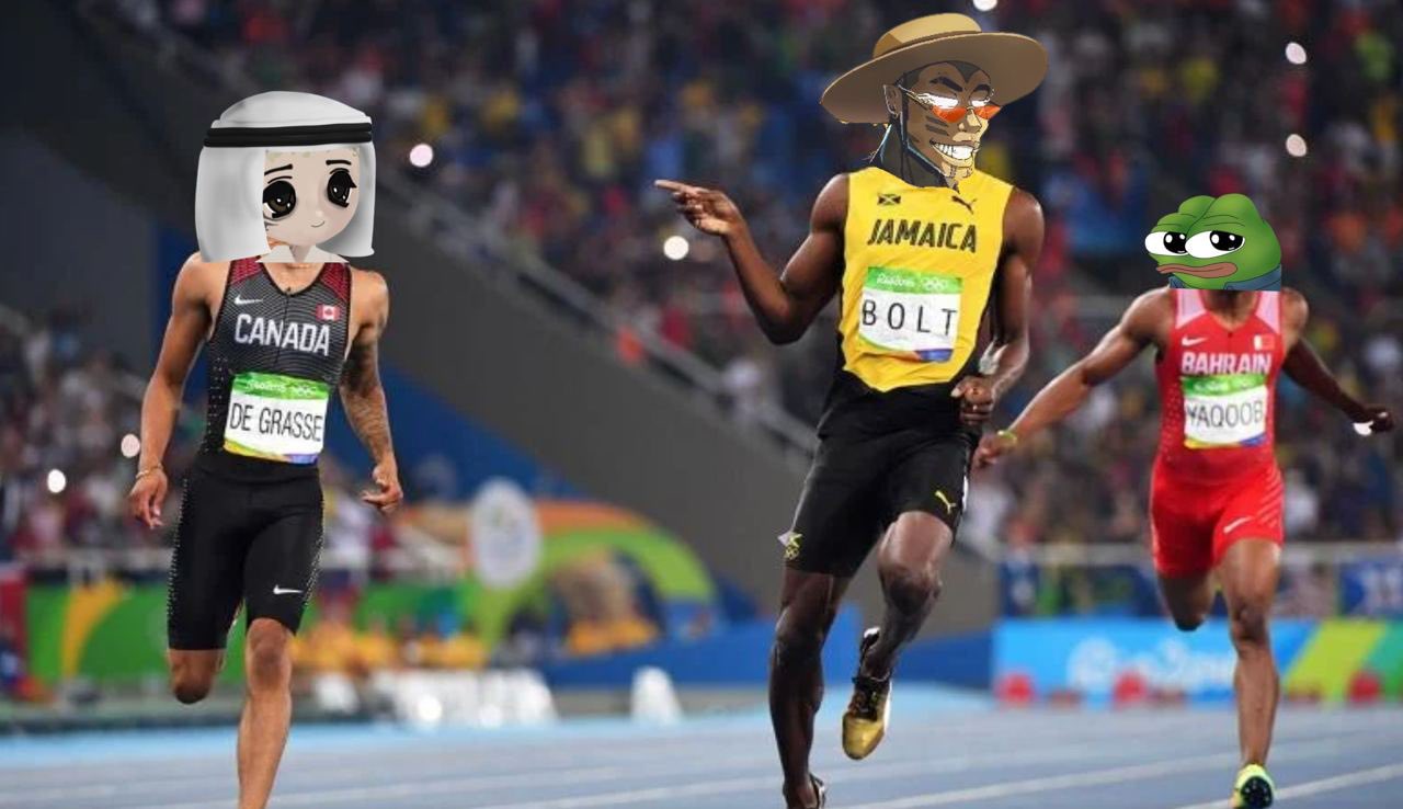 Sprinters mid-race with cartoon faces