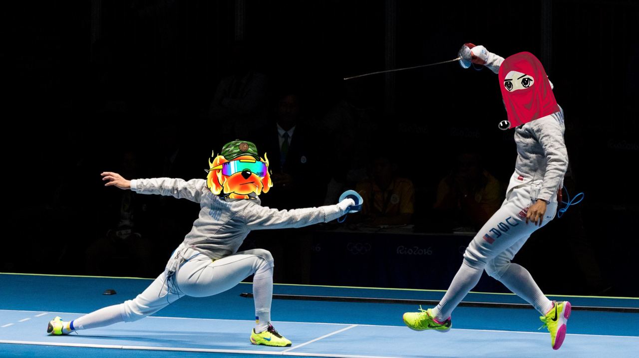 Two fencers mid‑lunge